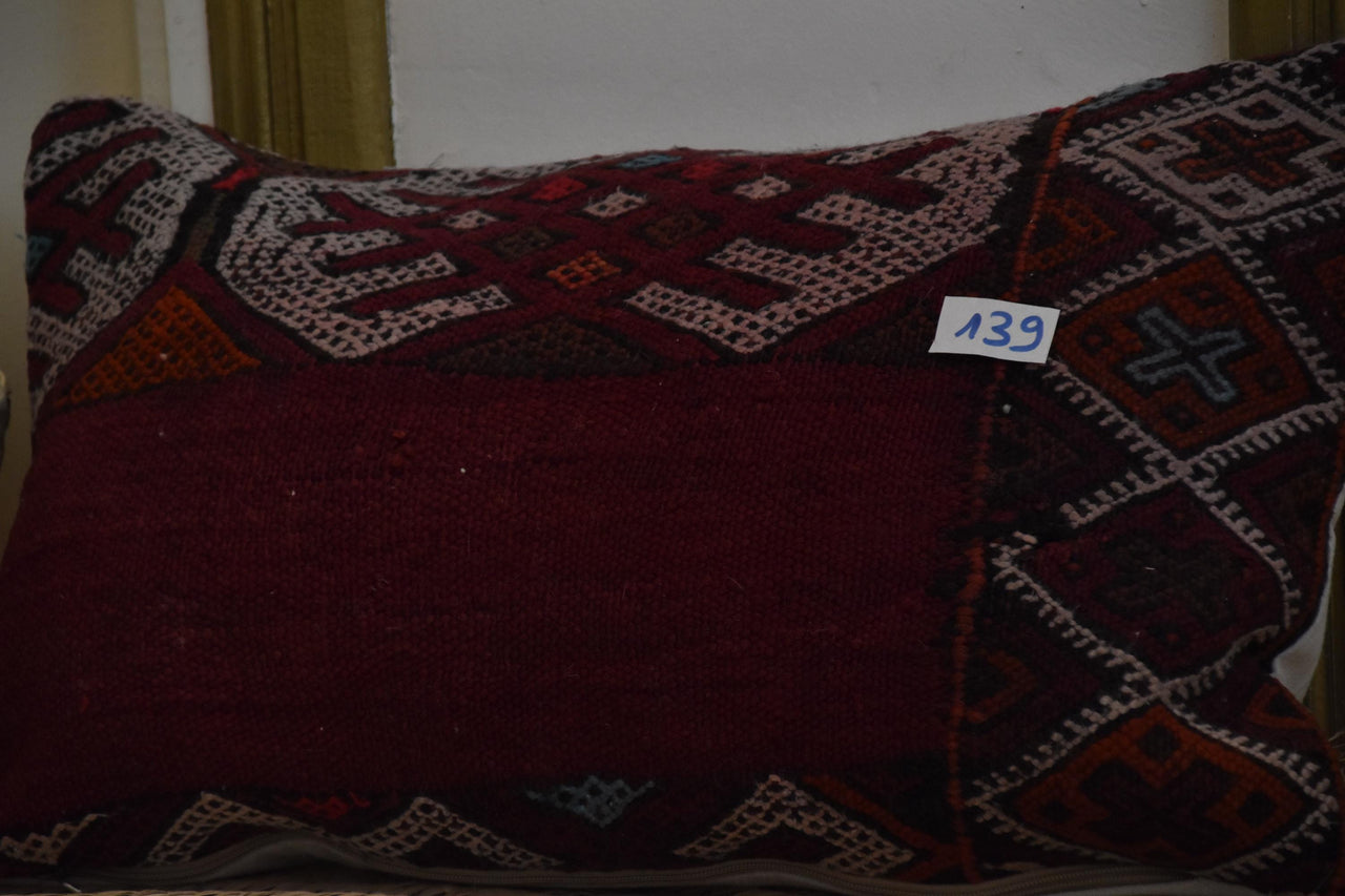 Two Vintage Moroccan Kilim Pillow, Hand-Woven Wool Cushion, Burgundy Geometric Boho Decor Vintage