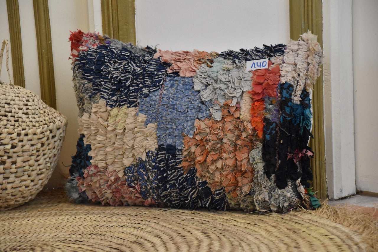 Two Vintage Moroccan Boucherouite Pillow, Pastel Indigo Shag Cushion, Patchwork Rag Rug Decor Vintage