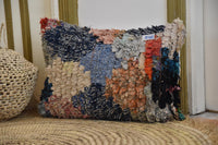Two Vintage Moroccan Boucherouite Pillow, Pastel Indigo Shag Cushion, Patchwork Rag Rug Decor Vintage