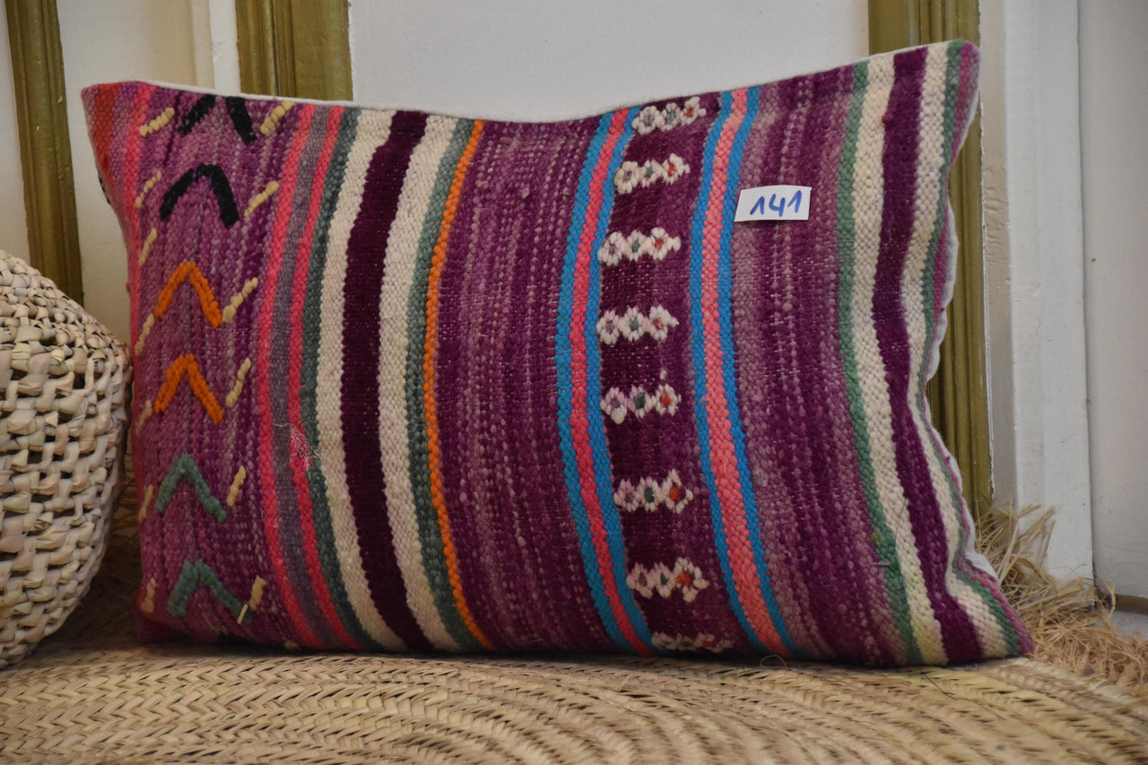 Two Vintage Moroccan Kilim Pillow Cover, Purple Magenta Wool Tribal Cushion, Hand-Woven Berber Decor