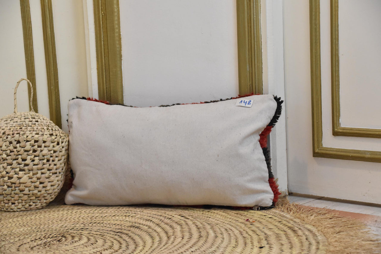 Two Vintage Moroccan Checkerboard Pillow, Red Black Shag Wool Cushion, Hand-Woven Berber Decor Vintage