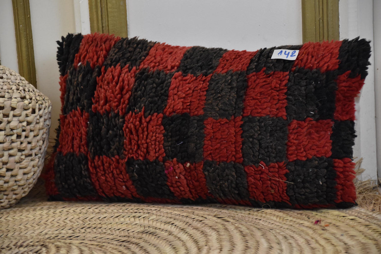 Two Vintage Moroccan Checkerboard Pillow, Red Black Shag Wool Cushion, Hand-Woven Berber Decor Vintage