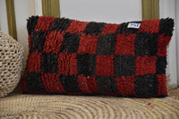 Two Vintage Moroccan Checkerboard Pillow, Red Black Shag Wool Cushion, Hand-Woven Berber Decor Vintage