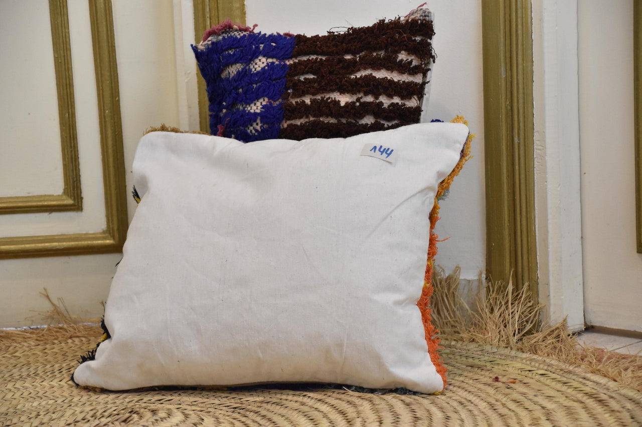 Two Vintage Moroccan Boucherouite Pillows, Indigo Mint Shag Tribal Covers Vintage