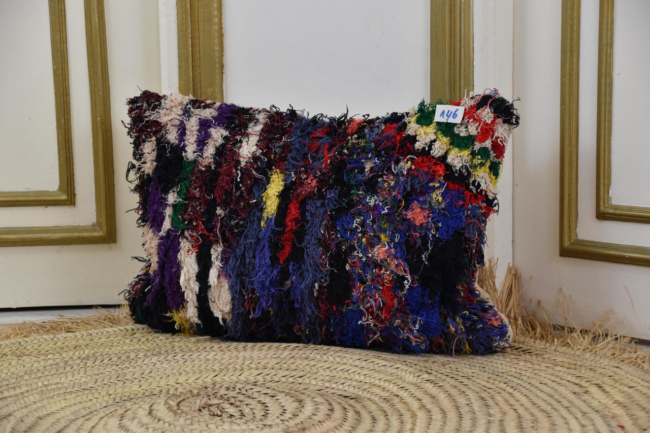 Two Vintage Moroccan Boucherouite Pillow Cover, Shag Rag Cushion, Multi-Color Abstract Berber Lumbar Vintage