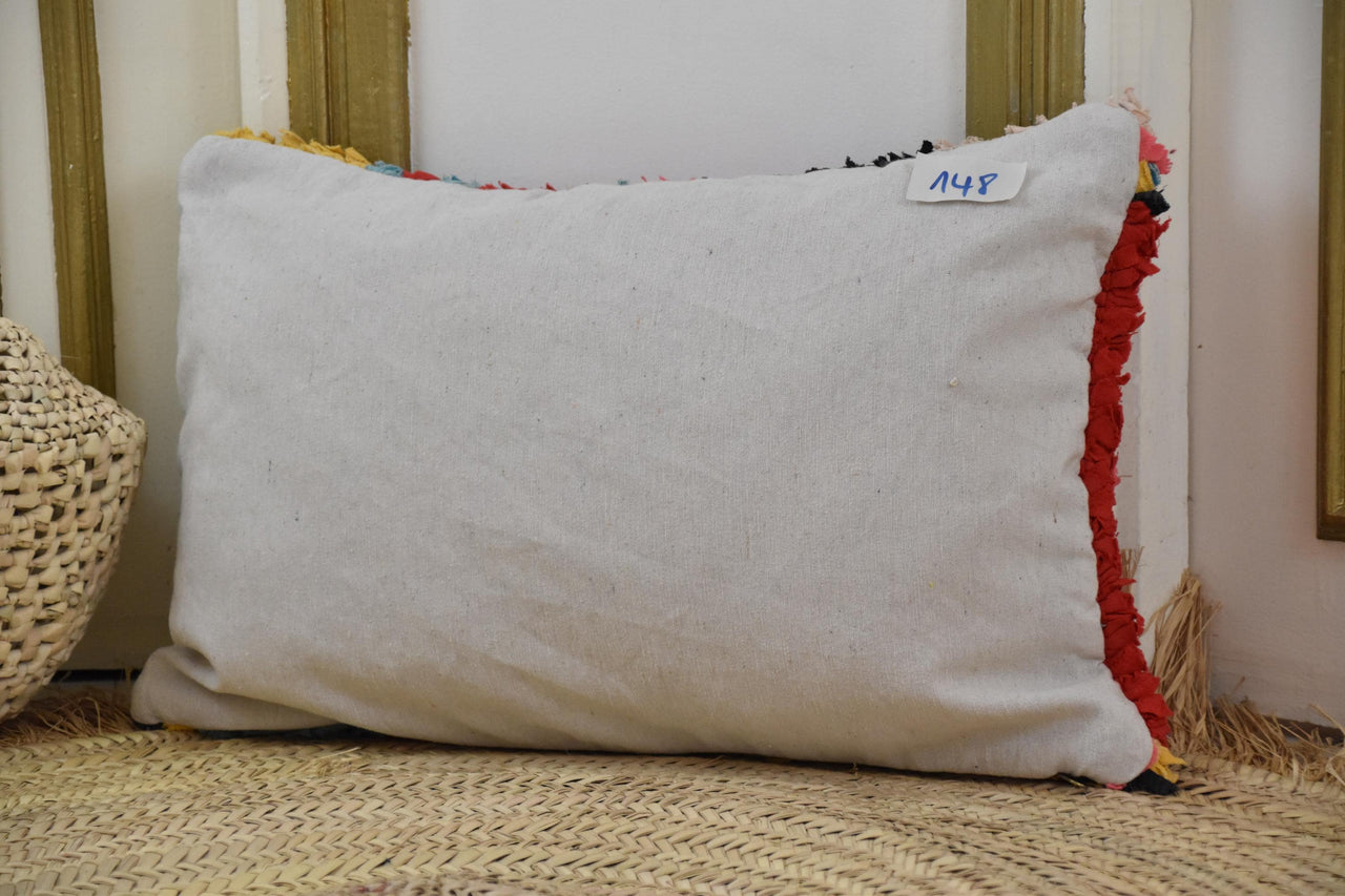 Two Vintage Moroccan Boucherouite Pillow Cover, Crimson Red Shag Lumbar Cushion Vintage