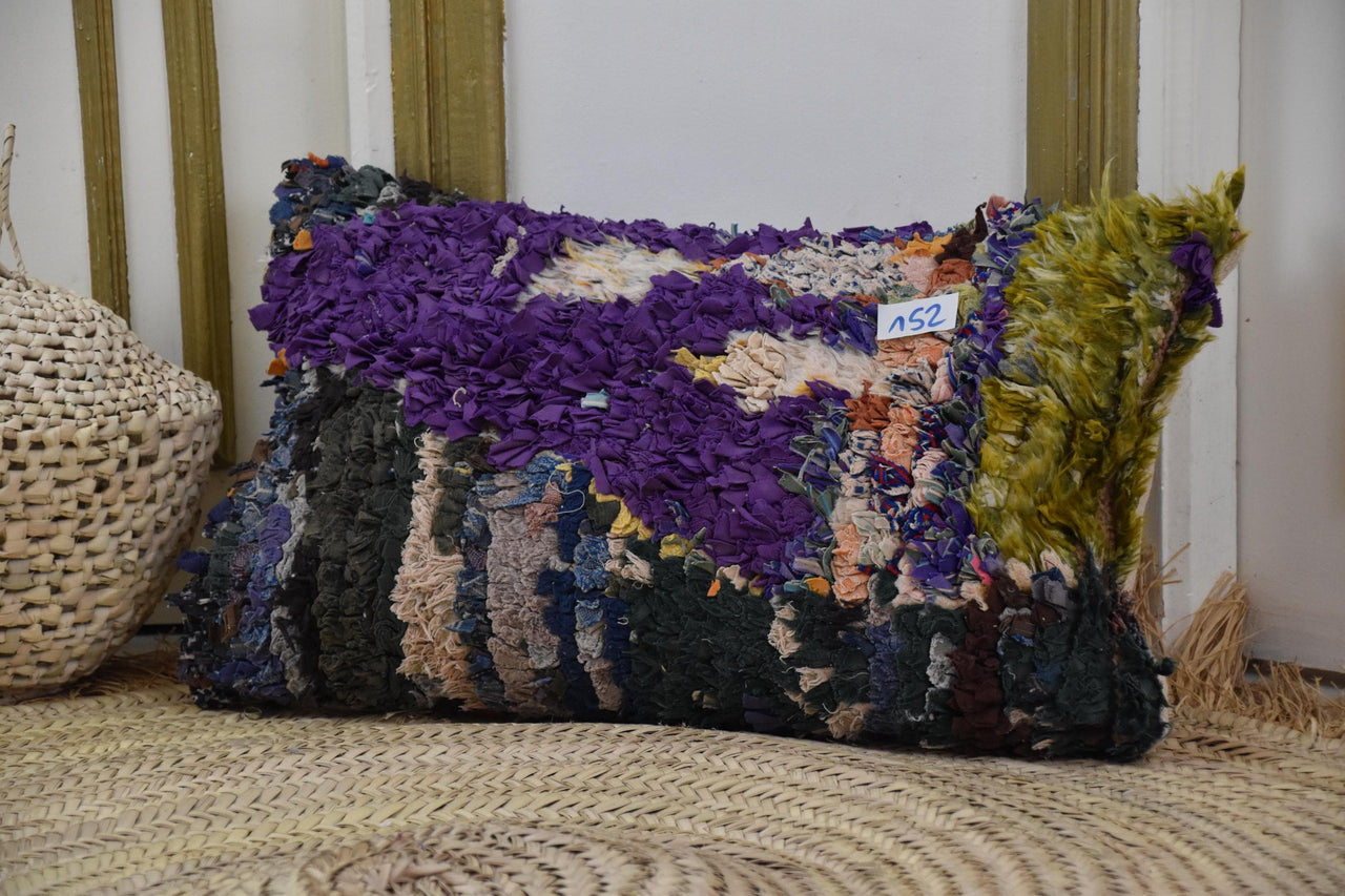 Two Vintage Moroccan Boucherouite Pillow Cover, Deep Purple Olive Shag Lumbar Cushion Vintage