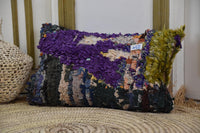 Two Vintage Moroccan Boucherouite Pillow Cover, Deep Purple Olive Shag Lumbar Cushion Vintage