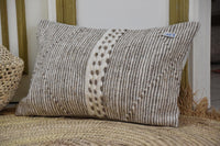 Two Handwoven Moroccan Wool Kilim Pillow Cover, Neutral Taupe Cream Stripe Lumbar Cushion Vintage
