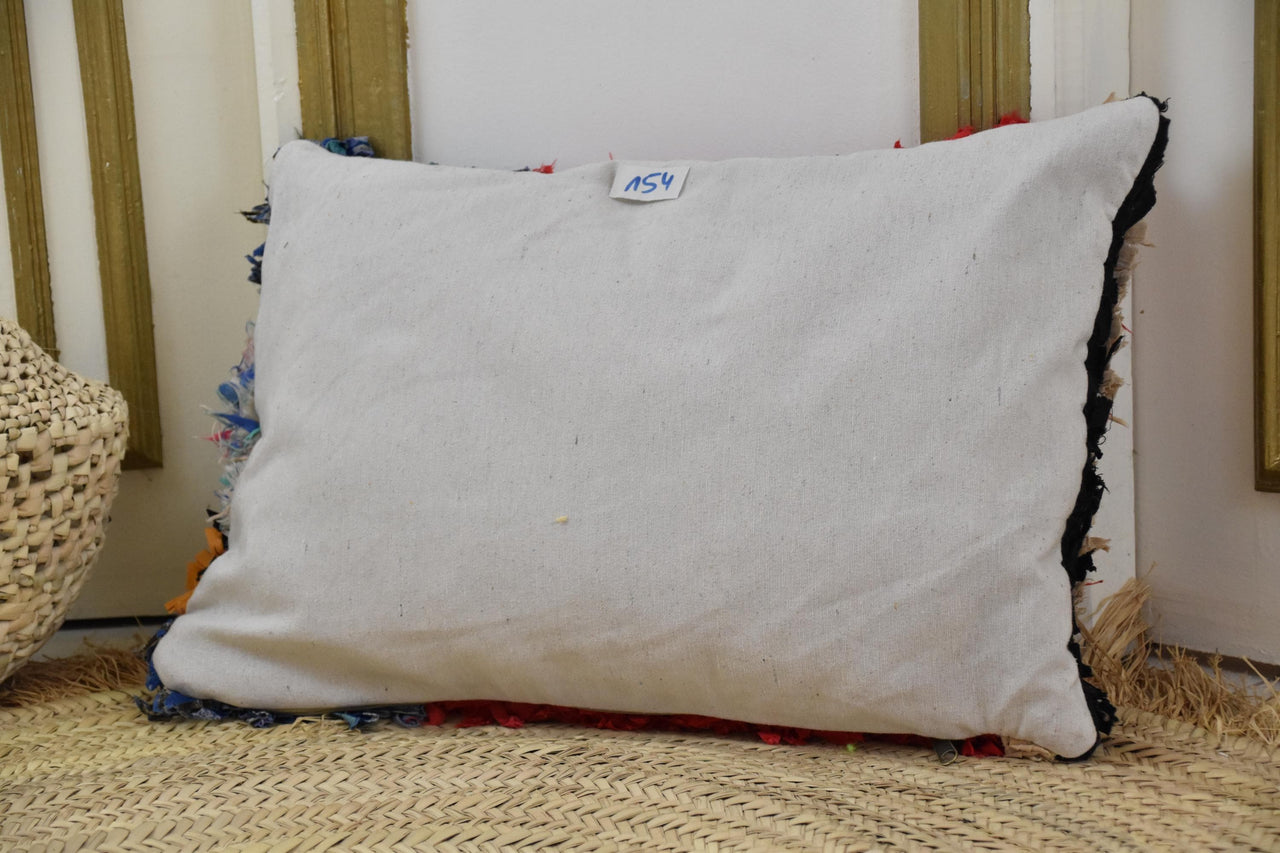 Two Hand-Knotted Moroccan Boucherouite Pillow Cover, Red Blue Shag Lumbar Cushion, Boho Decor Vintage