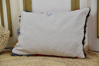 Two Hand-Knotted Moroccan Boucherouite Pillow Cover, Red Blue Shag Lumbar Cushion, Boho Decor Vintage