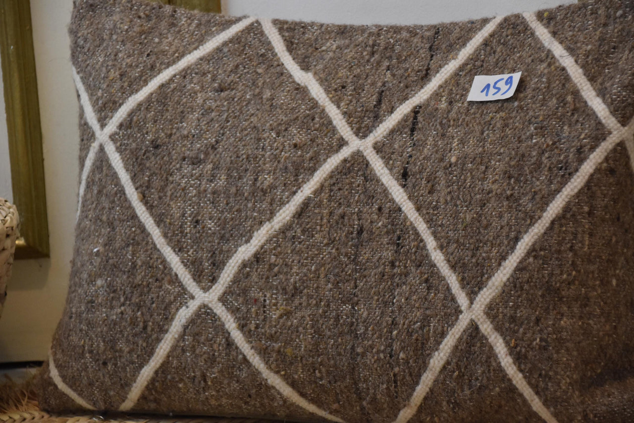Two Moroccan Kilim Pillow Cover, Handwoven Wool Trellis Lumbar Cushion, Rustic Japandi Style Vintage