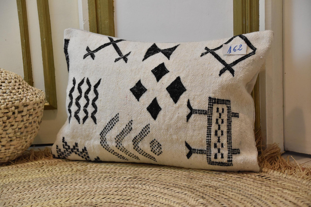 Two Handwoven Moroccan Kilim Lumbar Pillow Cover, Cream Wool Black Berber Symbols Vintage