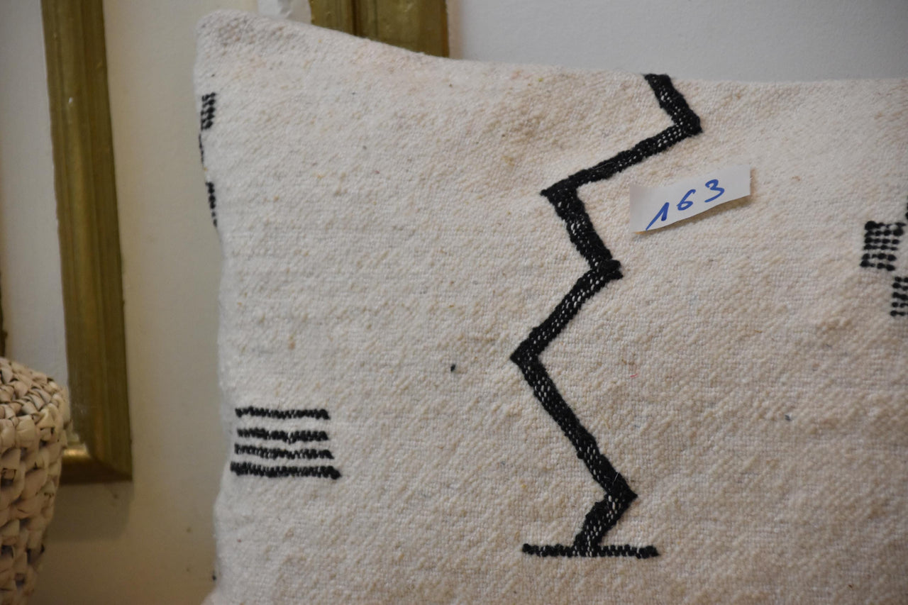 Two Handwoven Moroccan Kilim Pillow Cover, Cream Wool, Black Zigzag Berber Lumbar Cushion Vintage