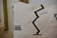Two Handwoven Moroccan Kilim Pillow Cover, Cream Wool, Black Zigzag Berber Lumbar Cushion Vintage