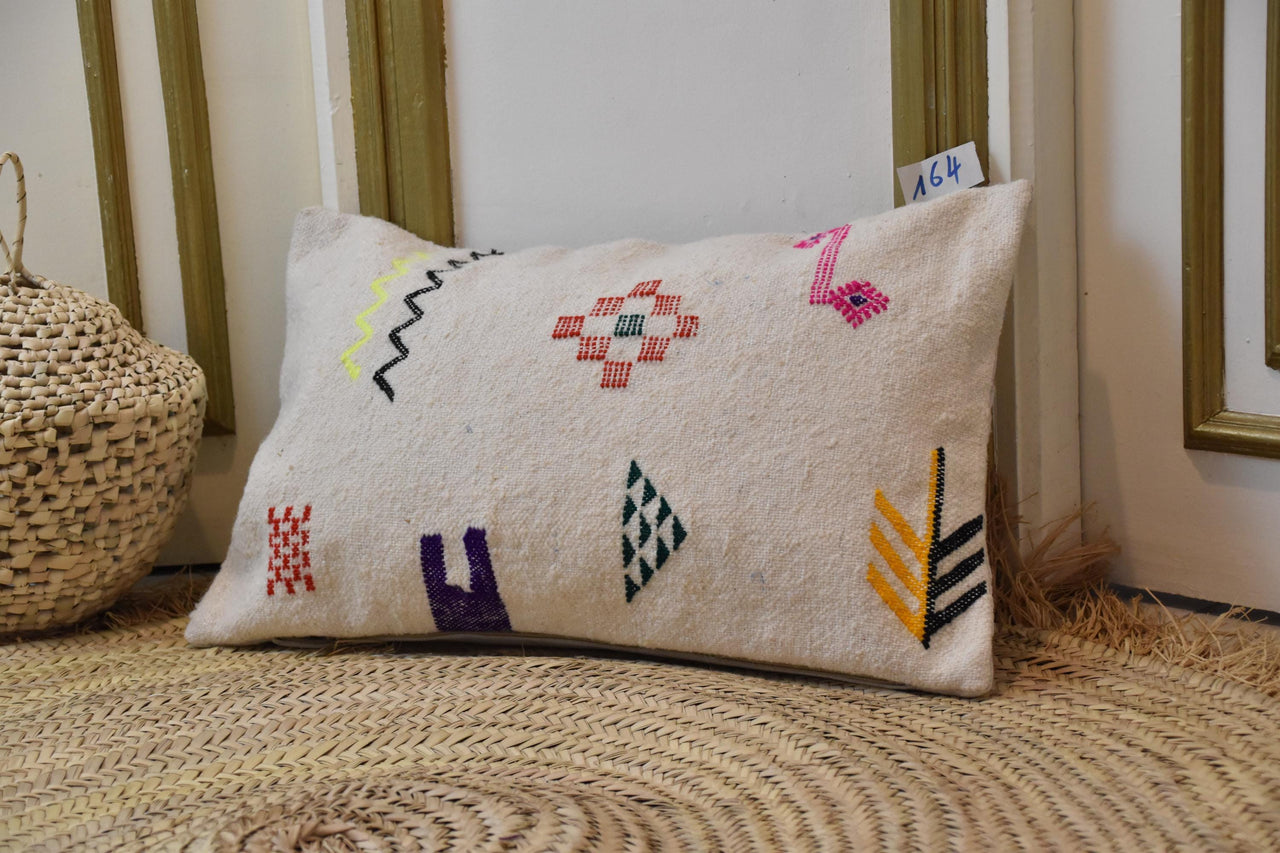 Two Handwoven Moroccan Kilim Pillow Cover, Cream Wool Lumbar Cushion, Tribal Geometric Symbols Vintage