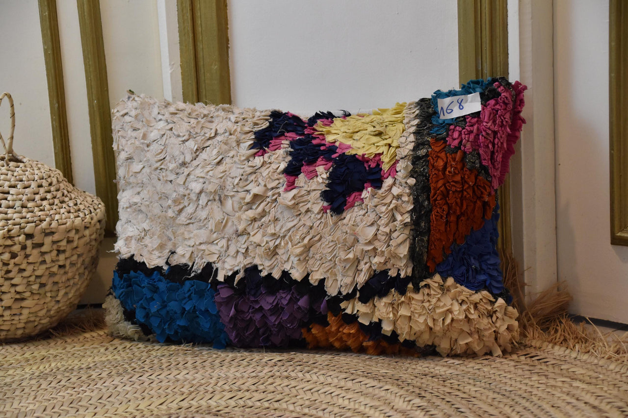 Two Handwoven Moroccan Kilim Pillow Cover, Cream Wool, Textured Diamond Lumbar Cushion Vintage