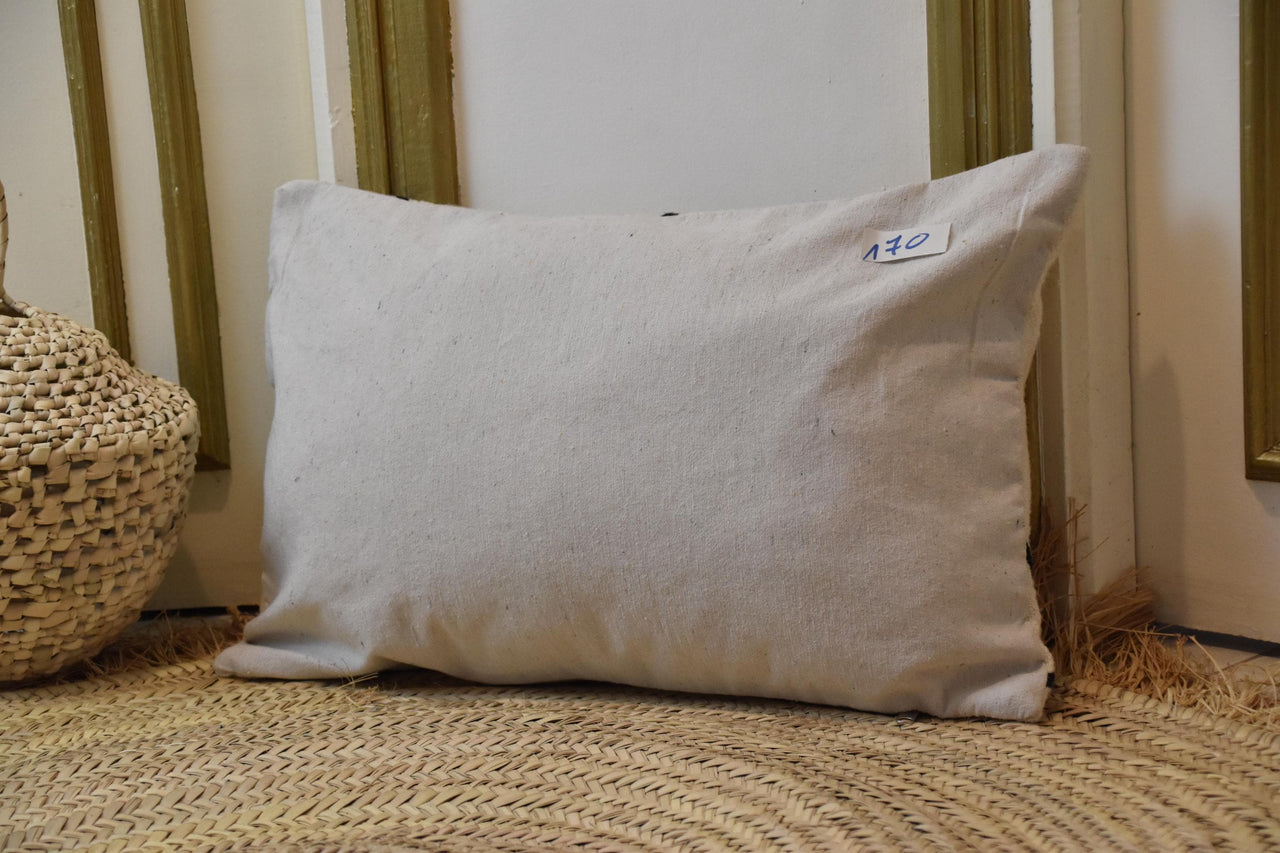 Two Handwoven Moroccan Kilim Pillow, Charcoal Black Geometric Wool Lumbar Cover Vintage
