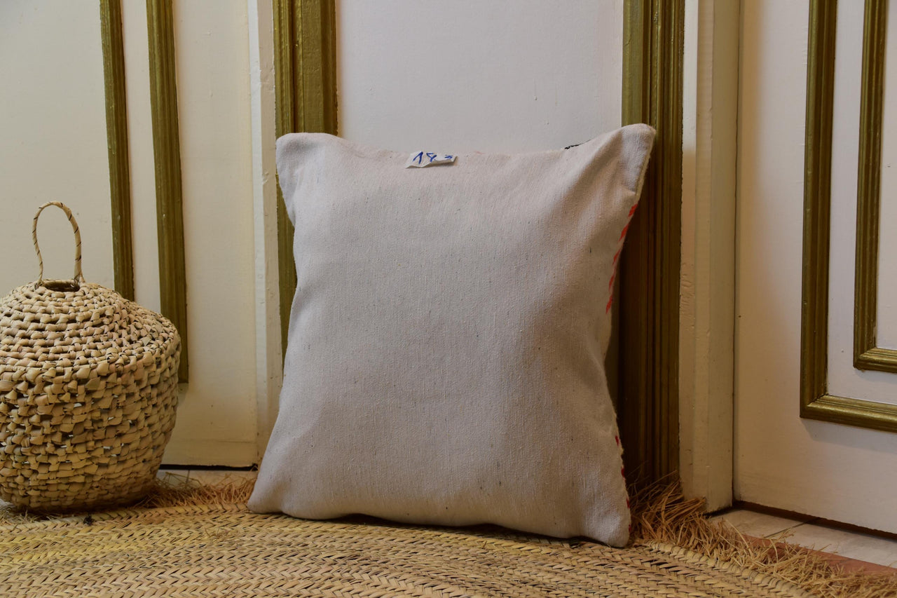 Two Handwoven Moroccan Kilim Pillow Cover, Cream Wool, Black Geometric Lines, Berber Lumbar Cushion