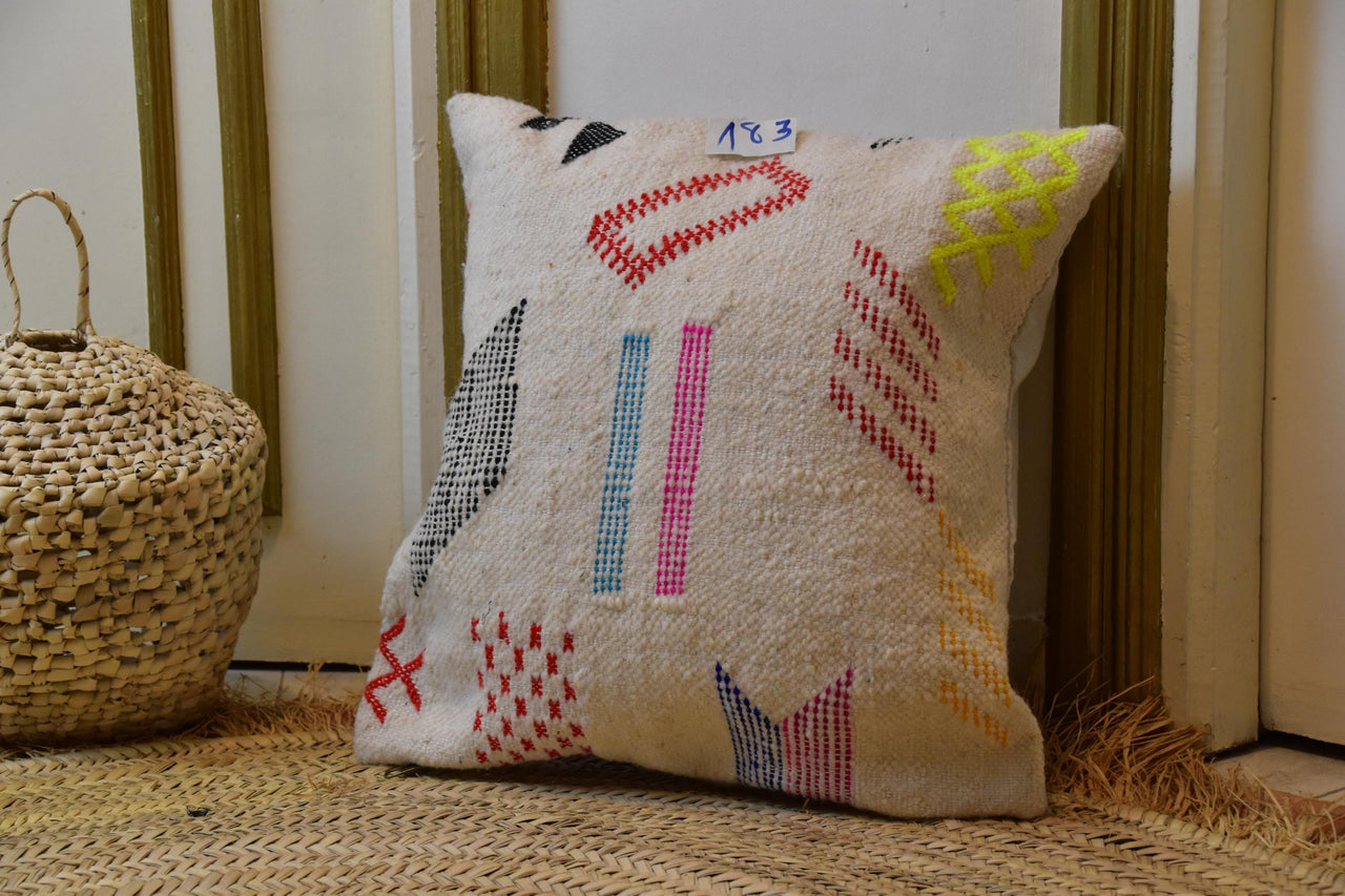 Two Handwoven Moroccan Kilim Pillow Cover, Cream Wool, Black Geometric Lines, Berber Lumbar Cushion