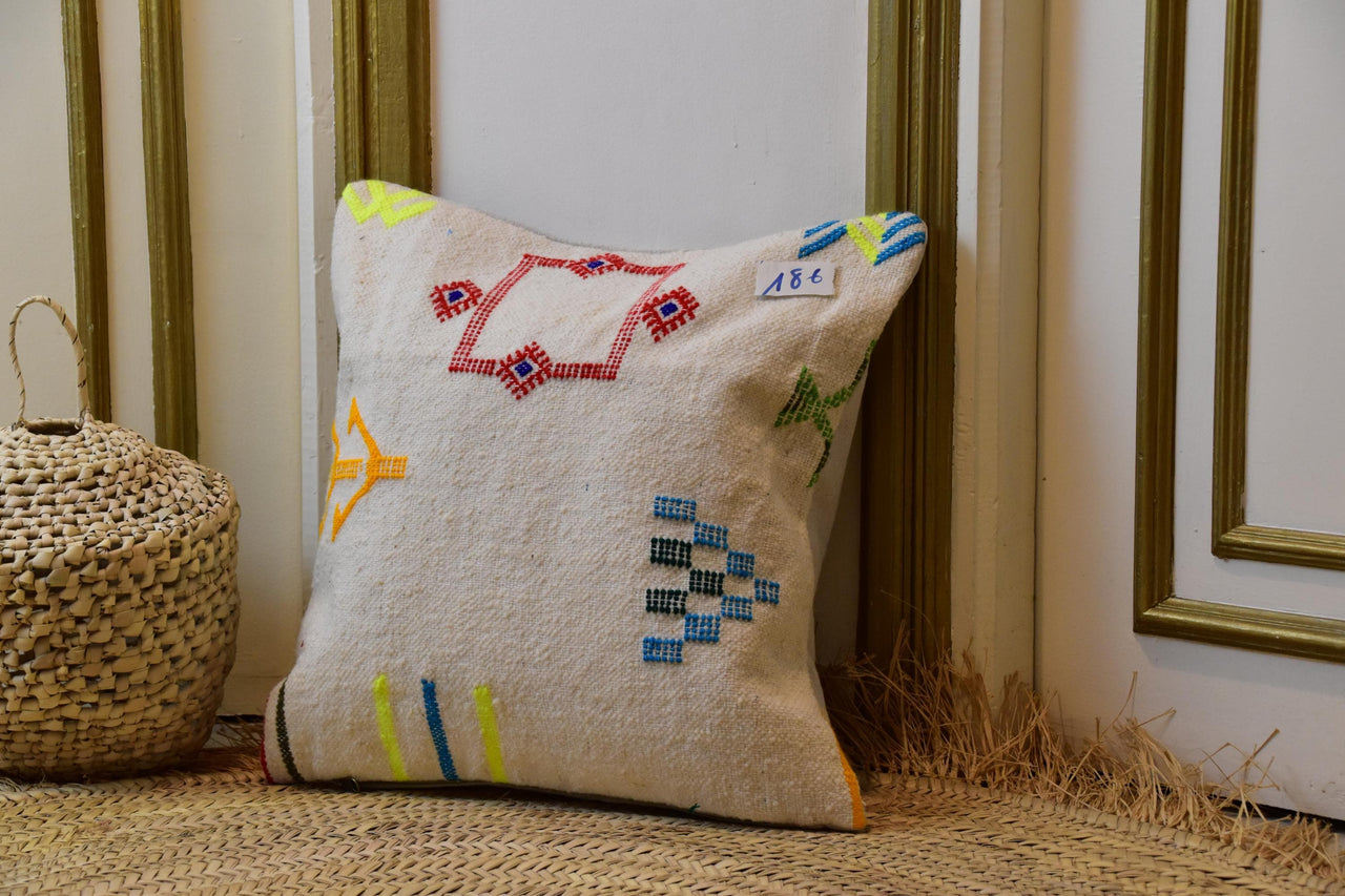 Two Handwoven Moroccan Kilim Pillow Cover, Cream Wool Black Geometric Berber Lumbar Accent Vintage