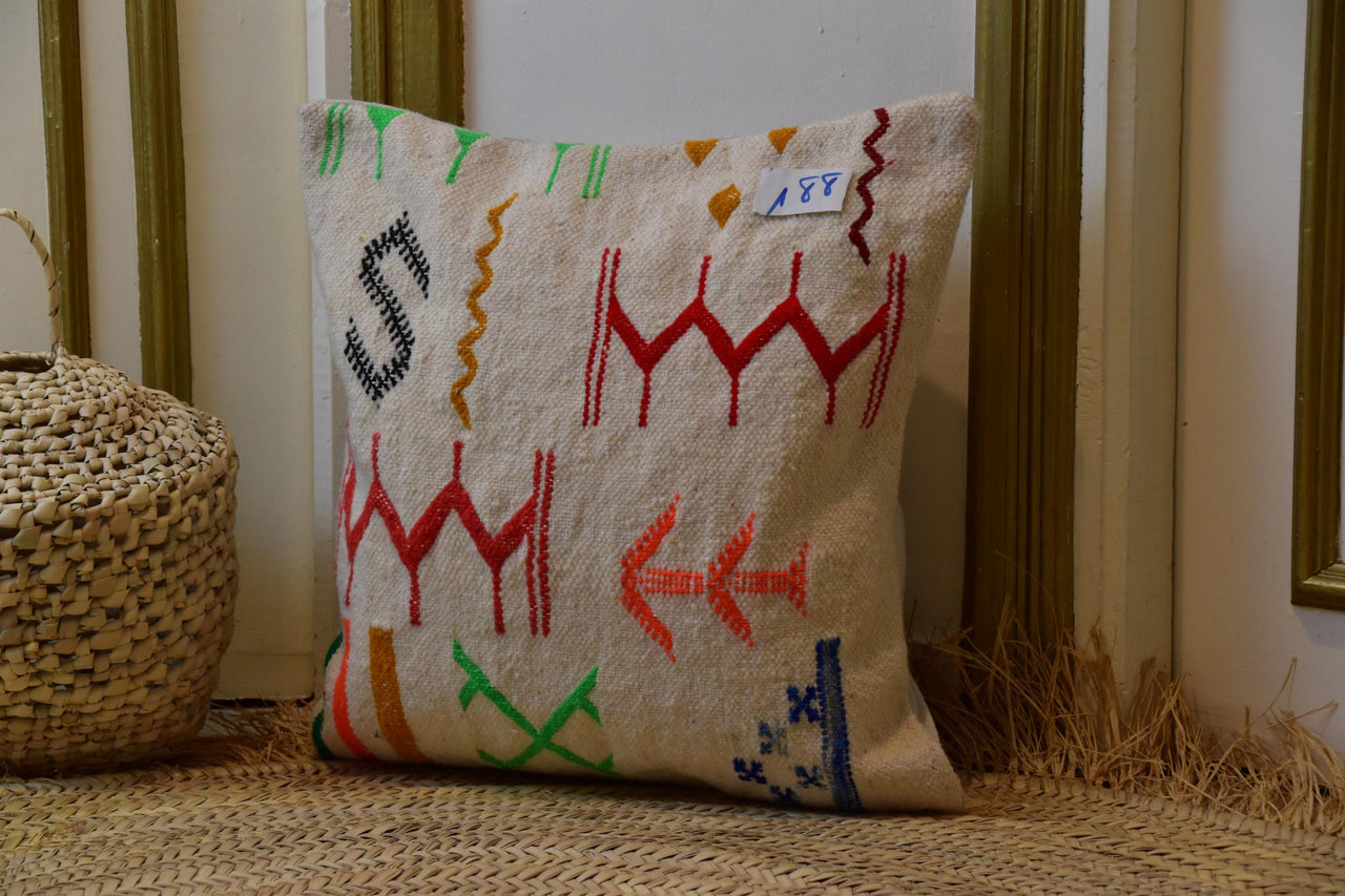 Two Handwoven Moroccan Kilim Pillow, Sabra Cactus Silk Cushion, Tribal Embroidered Throw Cover Vintage