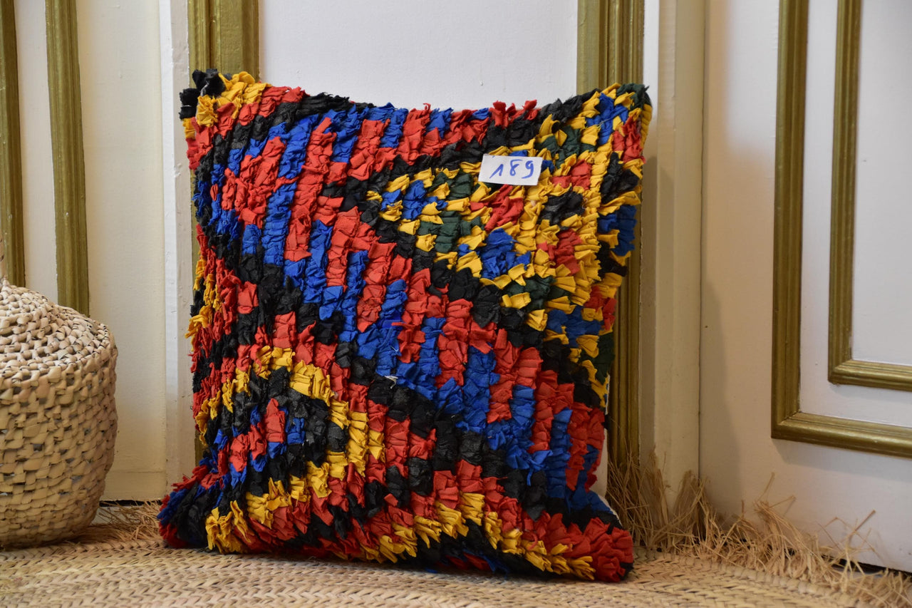 Two Handwoven Moroccan Boucherouite Pillow Cover, Vibrant Rag Rug Shag Throw Cushion Vintage
