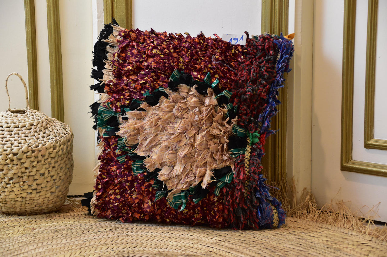 Two Handwoven Moroccan Boucherouite Pillow Cover, Burgundy Floral Rag Rug Cushion, Boho Decor Vintage