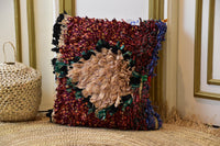 Two Handwoven Moroccan Boucherouite Pillow Cover, Burgundy Floral Rag Rug Cushion, Boho Decor Vintage