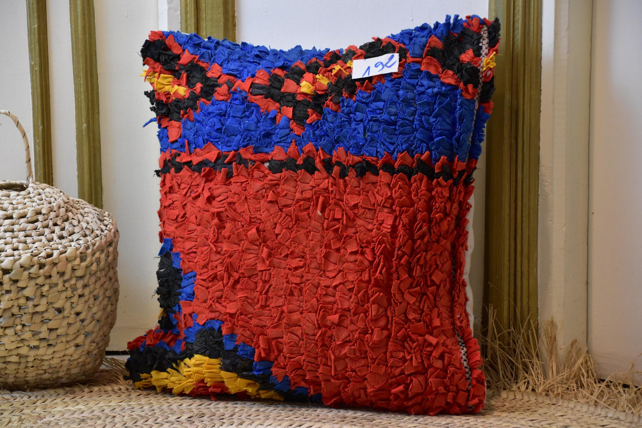 Two Vibrant Moroccan Boucherouite Pillow Cover, Red Blue Tribal Rag Rug Cushion