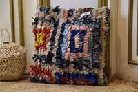Two Handwoven Moroccan Boucherouite Pillow Cover, Dark Floral Orange Rag Rug Cushion