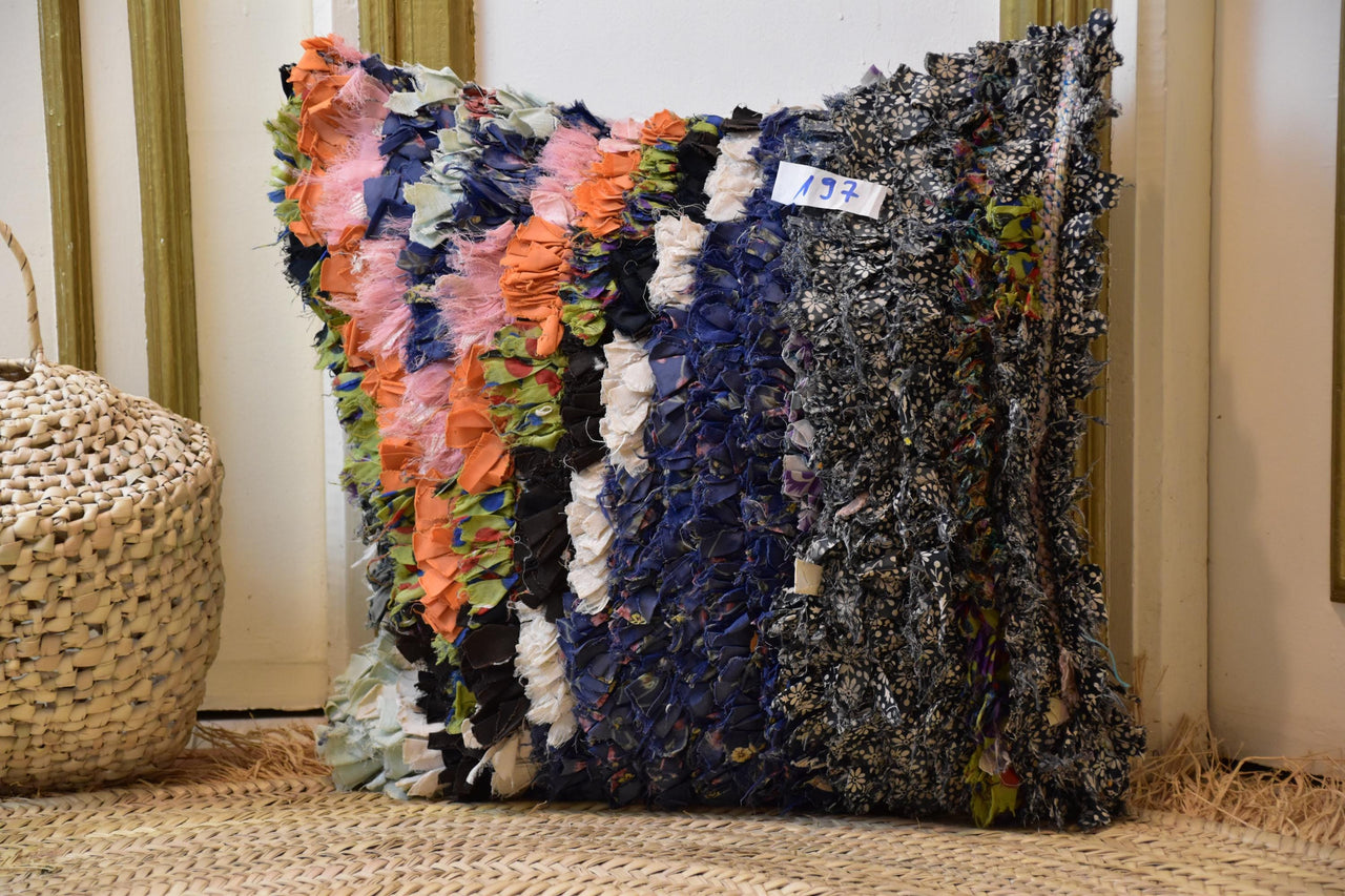 Two Moroccan Boucherouite Pillow, Dark Floral Orange Rag Rug Cushion, Boho Decor Vintage