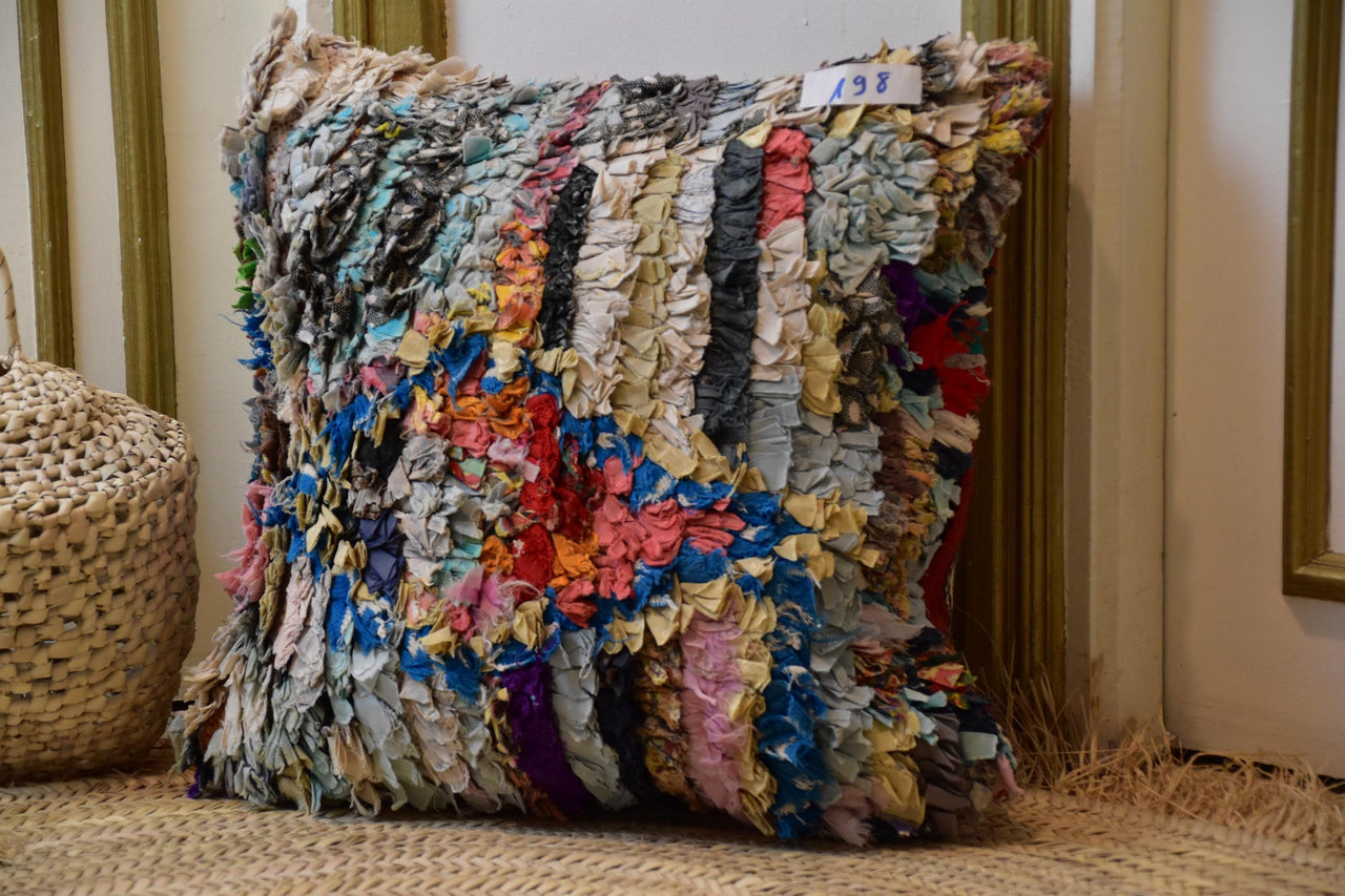 Two Moroccan Boucherouite Pillow Cover, Shaggy Rag Rug Cushion, Boho Berber Floor Pillow Vintage