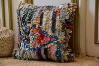 Two Moroccan Boucherouite Pillow Cover, Shaggy Rag Rug Cushion, Boho Berber Floor Pillow Vintage