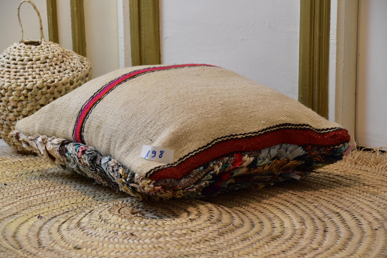 Two Moroccan Boucherouite Pillow Cover, Shaggy Rag Rug Cushion, Boho Berber Floor Pillow Vintage