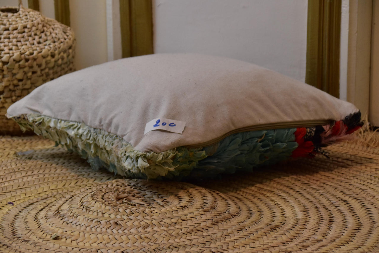Two Moroccan Boucherouite Cushion Cover, Teal Orange Shag Pillow, Coastal Boho Textured Accent Vintage