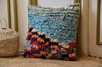Two Moroccan Boucherouite Cushion Cover, Teal Orange Shag Pillow, Coastal Boho Textured Accent Vintage