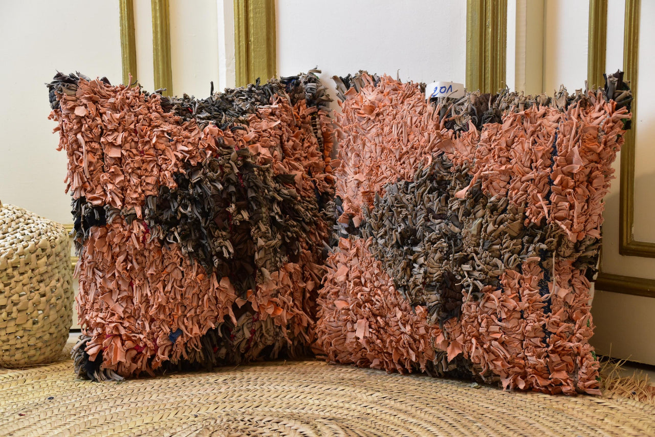 Two Moroccan Boucherouite Pillow Covers, Terracotta Shag Rag Rug Cushion Set
