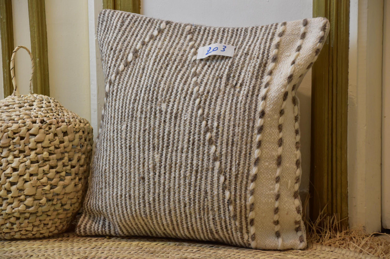 Two Authentic Moroccan Kilim Pillow Cover, Hand-Woven Wool Striped Accent Cushion Vintage