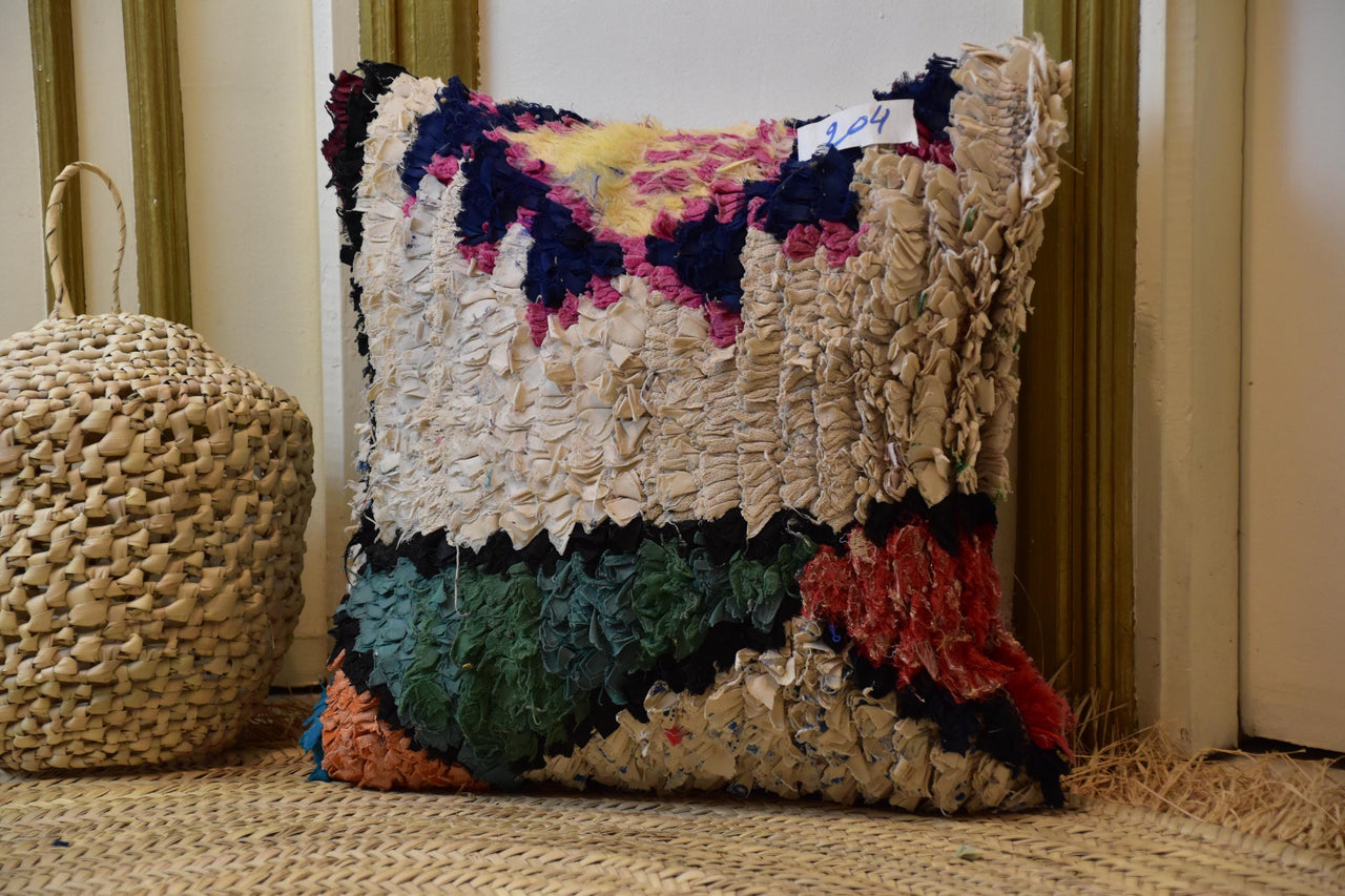 Two Moroccan Boucherouite Pillow Cover, Cream Shag Rug Cushion, Colorful Berber Boho Accent Vintage