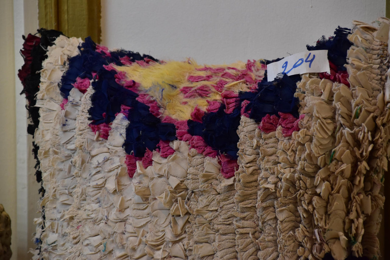 Two Moroccan Boucherouite Pillow Cover, Cream Shag Rug Cushion, Colorful Berber Boho Accent Vintage
