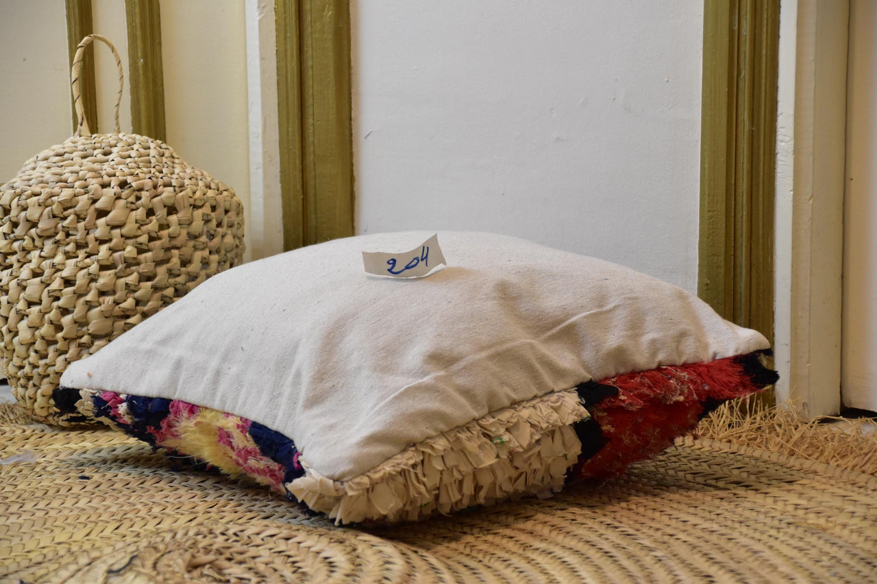 Two Moroccan Boucherouite Pillow Cover, Cream Shag Rug Cushion, Colorful Berber Boho Accent Vintage