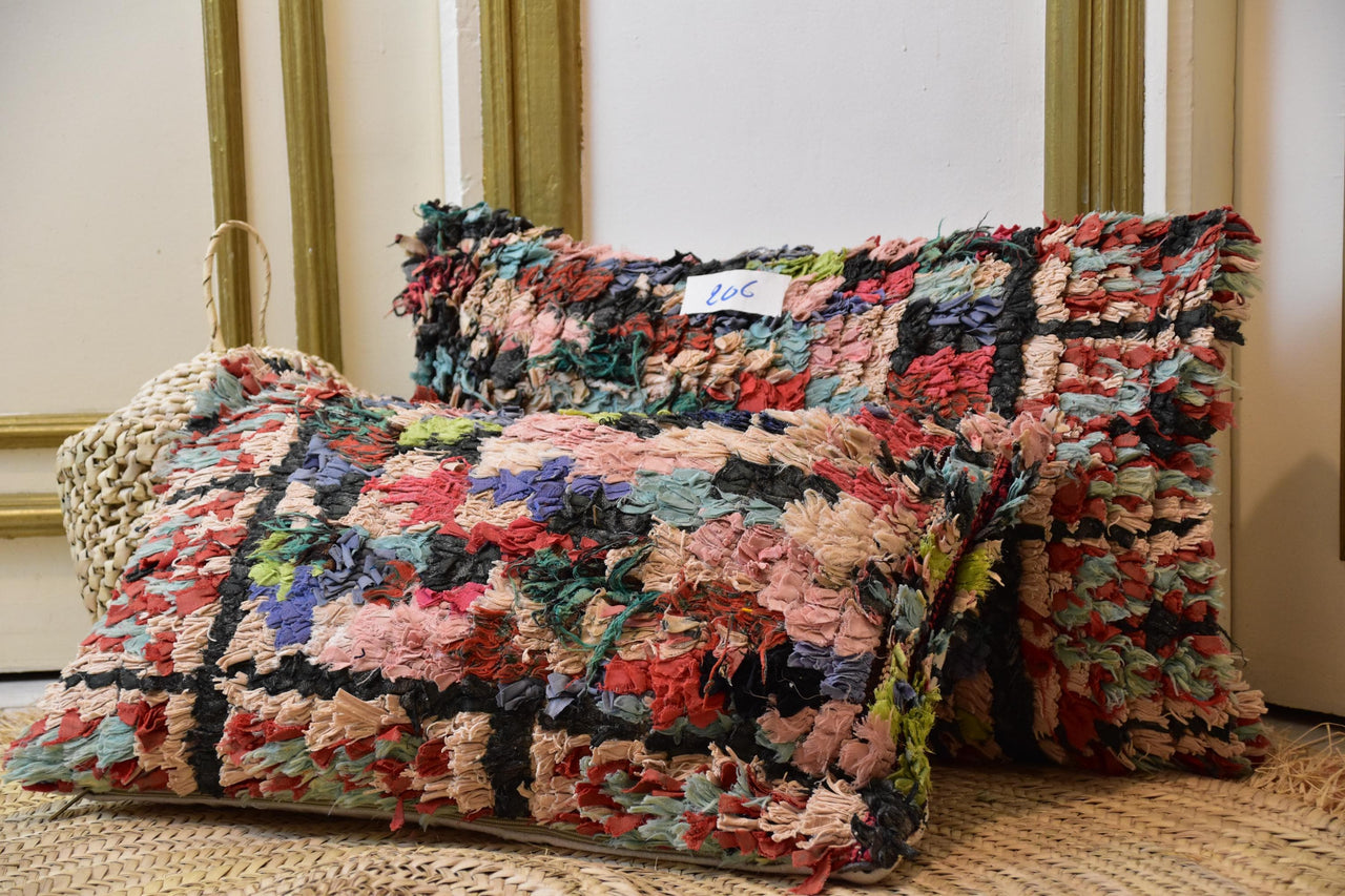 Two Moroccan Boucherouite Pillow Covers, Colorful Textured Rag Rug Cushions, Boho Accent Set Vintage