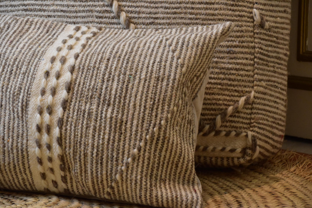 Two Moroccan Kilim Pouf Lumbar Pillow Set, Natural Wool Striped Ottoman Cushion Combo Vintage