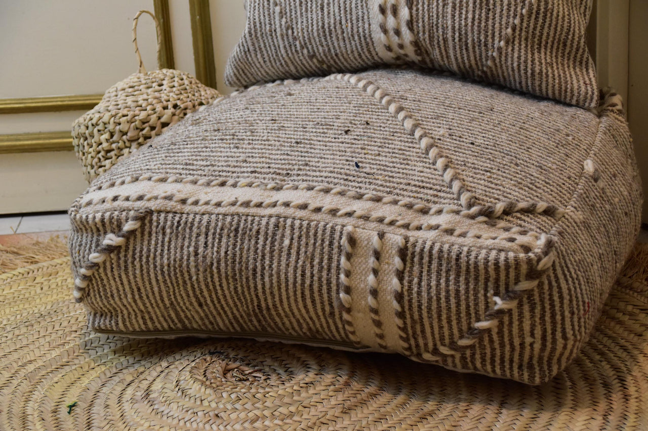 Two Moroccan Kilim Pouf Lumbar Pillow Set, Natural Wool Striped Ottoman Cushion Combo Vintage