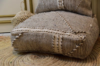 Two Moroccan Kilim Pouf Lumbar Pillow Set, Natural Wool Striped Ottoman Cushion Combo Vintage