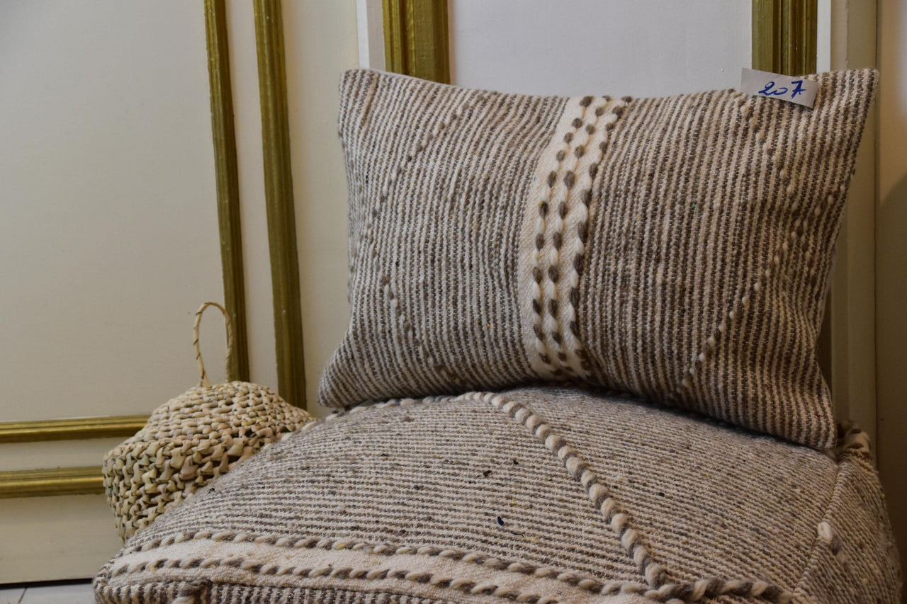 Two Moroccan Kilim Pouf Lumbar Pillow Set, Natural Wool Striped Ottoman Cushion Combo Vintage