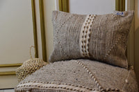 Two Moroccan Kilim Pouf Lumbar Pillow Set, Natural Wool Striped Ottoman Cushion Combo Vintage