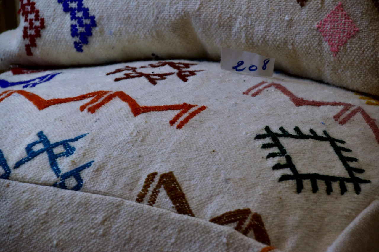 Two Handwoven Moroccan Kilim Pouf Lumbar Pillow Set, Embroidered Wool Floor Cushion
