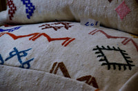 Two Handwoven Moroccan Kilim Pouf Lumbar Pillow Set, Embroidered Wool Floor Cushion
